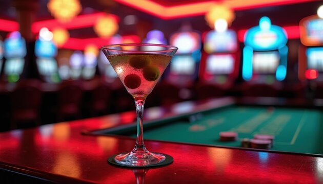 Martini cocktail with olives sits on bar counter near gaming table with chips. Slot machines glow in casino at night. Red lights reflect on wet table.