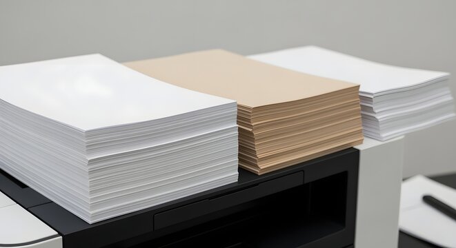 Stacks of pristine white and recycled craft paper organized neatly on modern laser printer inside corporate office environment ready for high volume document production printing