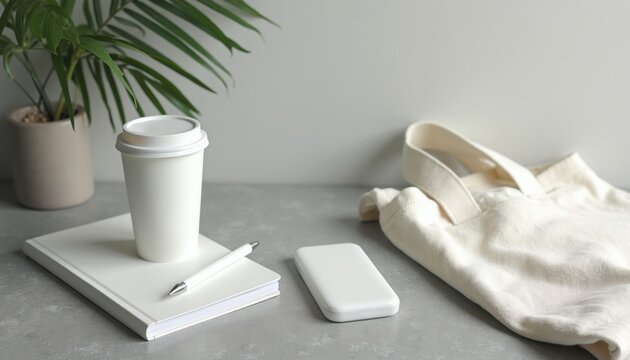 Flat lay with notebook coffee cup pen phone and tote bag on desk. Minimalist workspace with plant. Modern office supplies setup for productivity.