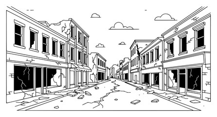 Abandoned city street with destroyed buildings and ruins in war zone line art © Logan
