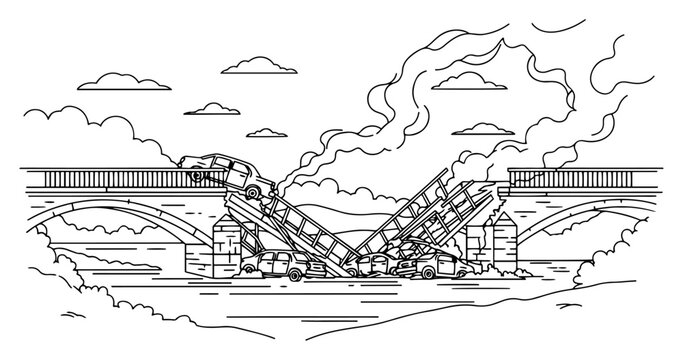 Destroyed bridge over river with crashed cars and smoke in war zone line art