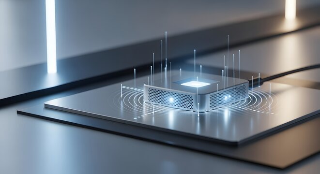 A sleek compact server device emitting glowing digital data signals on a dark background ideal for modern computing concepts and hardware representation