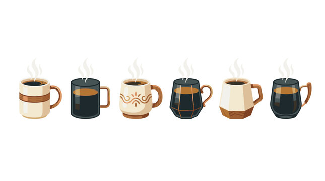 collection of pixel art coffee mugs with steaming hot beverages, diverse designs and warm colors, perfect for digital illustration or cafe branding