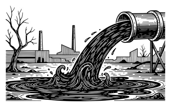 Industrial sewage pipe dumping toxic liquid waste into water engraving style