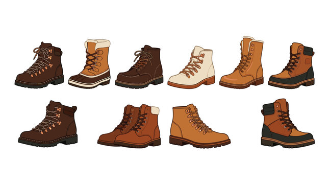 collection of pixel art hiking boots and winter boots in various brown and tan colors, isolated on a white background