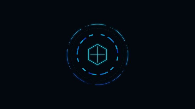 A glowing blue digital hexagon interface design element on black background