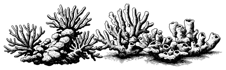 Coral reef underwater sea sponges and marine life engraving style © Logan