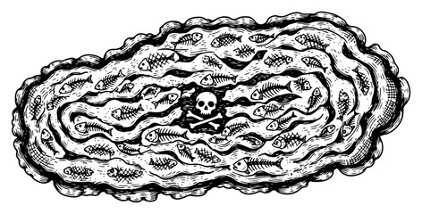 Dead fish floating in toxic water with skull symbol indicating pollution engraving style © Logan