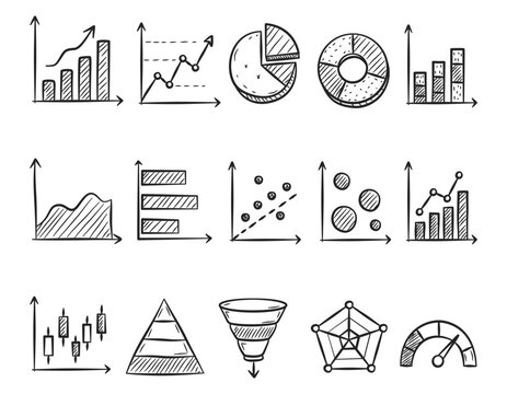 Business Analytics Charts Doodle Icon Set Hand Drawn Data Visualization Dashboard Graph and Statistics Vector Illustration Collection