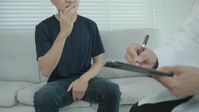 Man hold hand in front of private parts feeling discomfort and consult doctor. Venereal, testicular cancer. bladder problems, erectile dysfunction, premature ejaculation, prostate cancer