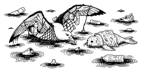 Seagull and seal trapped in plastic waste and fishing nets in polluted ocean engraving style © Logan