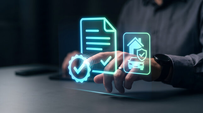 Loan officer using holographic loan approval system for digital credit decision concept