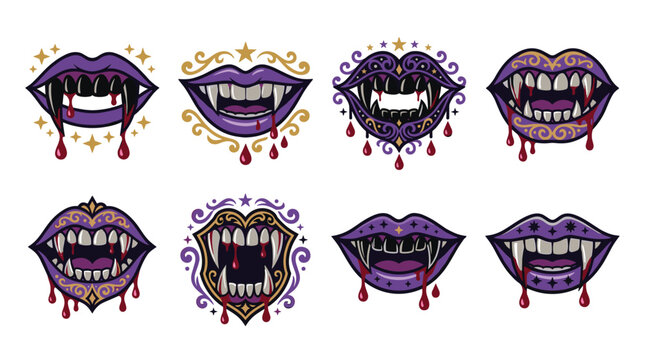 Collection of pixel art vampire lips with dripping blood, fangs, and decorative elements, spooky Halloween theme, gothic aesthetic