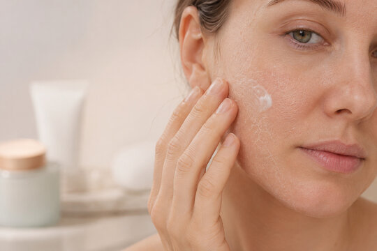 Woman Applying Moisturizer To Dehydrated Dry Cheek