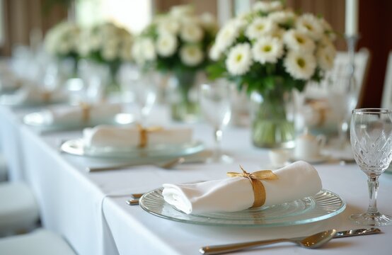 Elegant table set with white napkins and gold ribbons. White daisy floral arrangements in glass vases decorate the venue. Clear crystal wine glasses and silverware set for a special occasion.
