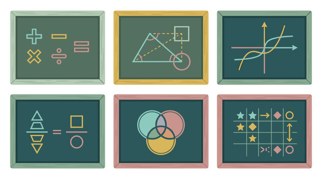 Collection of pixelated math and logic diagrams, including geometric shapes, graphs, equations, and Venn diagrams, displayed on colorful chalkboards, representing education and problem solving