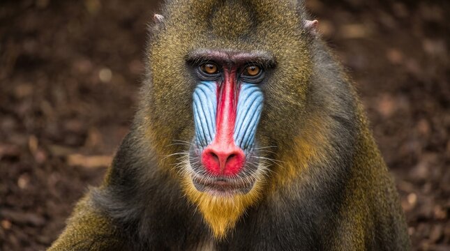 Close up portrait of a colorful mandrill monkey looking directly at the camera.