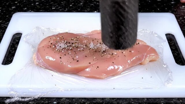 Chef tenderizes seasoned chicken breast with mallet on a cutting board, preparing for cooking