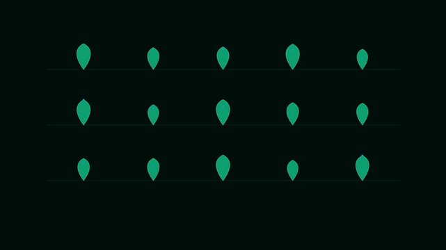 A grid of fifteen symmetrical green leaf shapes on a solid black background