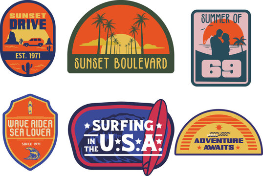 Vintage surfing style patches and summer vacation stickers collection with retro aesthetic travel.