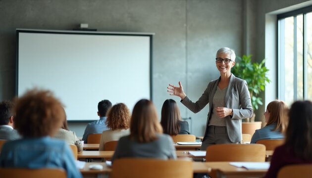 Woman speaks to audience in classroom. Speaker presents material on screen. Students listen and learn in modern seminar room. Teacher at lecture.