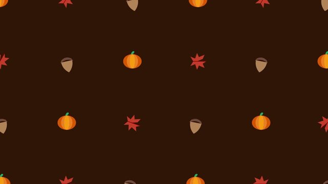 Minimalist fall pattern featuring pumpkins leaves and acorns on brown background