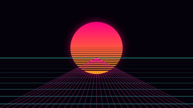 A vibrant glowing sunset over a digital synthwave grid landscape at night