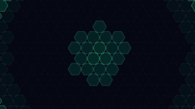 Glowing green hexagonal grid pattern arranged in a triangular formation