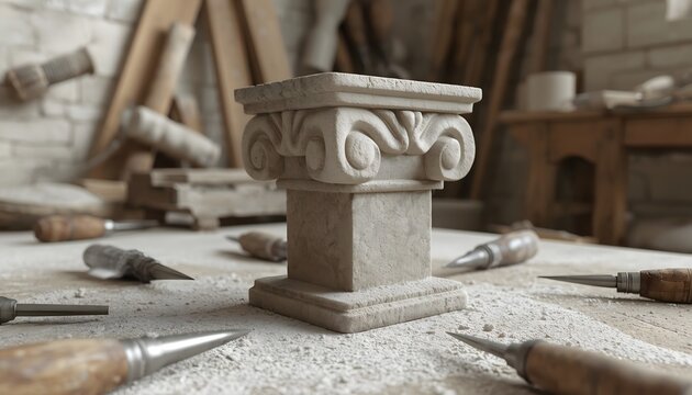 Stone capital sculpture resting on a workbench surrounded by metal chisels in a traditional workshop setting for architectural craftsmanship projects