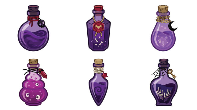 Collection of six pixel art magic potions, purple liquids in assorted glass bottles with cork stoppers and mystical embellishments, fantasy game assets