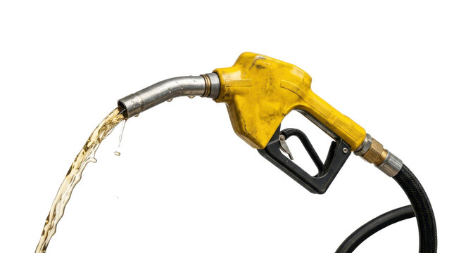 A yellow gas pump nozzle dispenses fuel with a stream of gasoline.