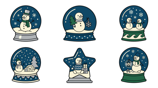 Collection of six pixel art snow globes featuring different winter scenes and snowmen, isolated on white