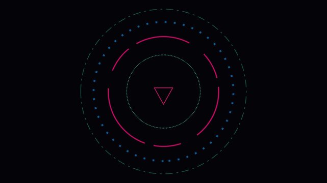 Abstract digital circular interface with a central red triangle design