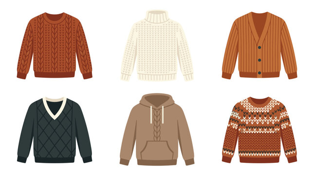 Collection of six pixel art sweaters and hoodies, including cable knit, turtleneck, cardigan, V-neck, and patterned styles, presented on a white background