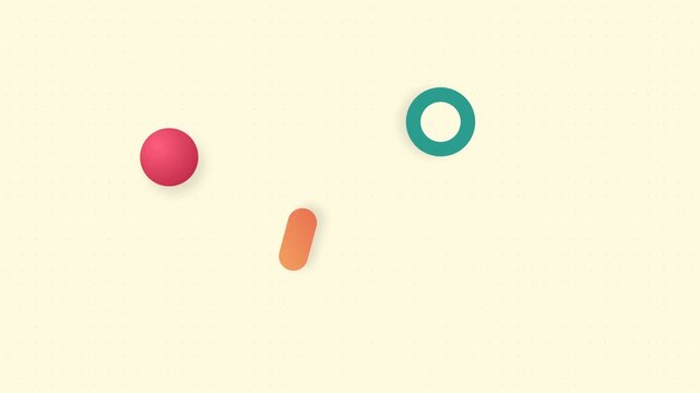 Minimalist composition with a red circle, teal ring, and orange pill shape