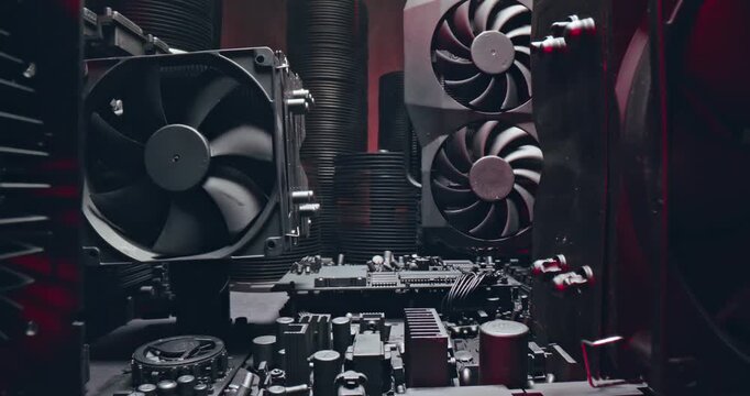 Camera move along components. Working motherboards, graphic cards and fans.