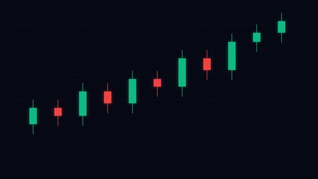 A financial candlestick chart showing an upward market trend on black background