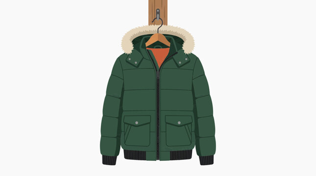 Green Winter Puffer Jacket Hanging on Hook: A cozy green puffer jacket with a fur-lined hood is neatly hung on a wooden hook, ready for cold weather adventures.