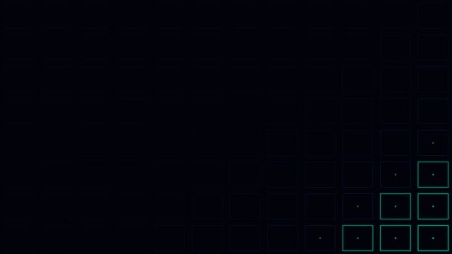 A minimalist digital grid interface featuring glowing square pixel icons