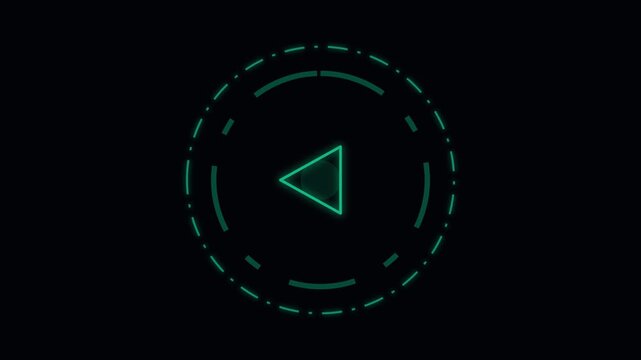 A neon green digital play button icon centered within a circular interface
