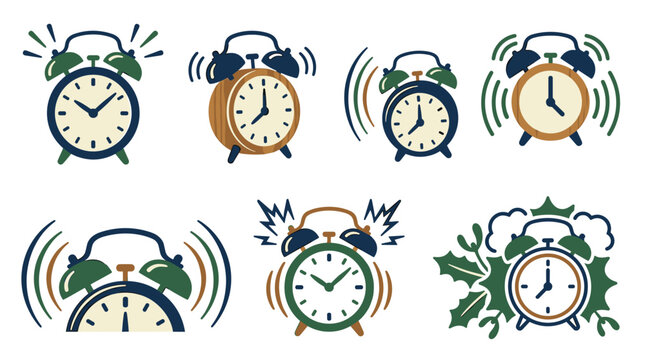 Pixel art alarm clocks collection showing ringing and classic designs, retro timekeeping icons with decorative elements