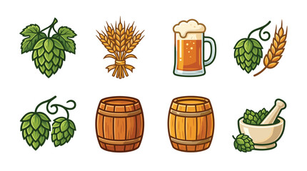 Obraz premium Pixel art collection of beer ingredients and brewing elements including hops, barley, beer mug, and wooden barrels, isolated on white