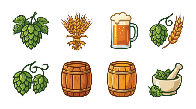 Pixel art collection of beer ingredients and brewing elements including hops, barley, beer mug, and wooden barrels, isolated on white