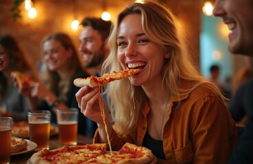 Fototapeta premium Woman enjoys pizza with friends at party. People share food and drinks, laughing together. Casual meal gathering with warm lighting and happy atmosphere.