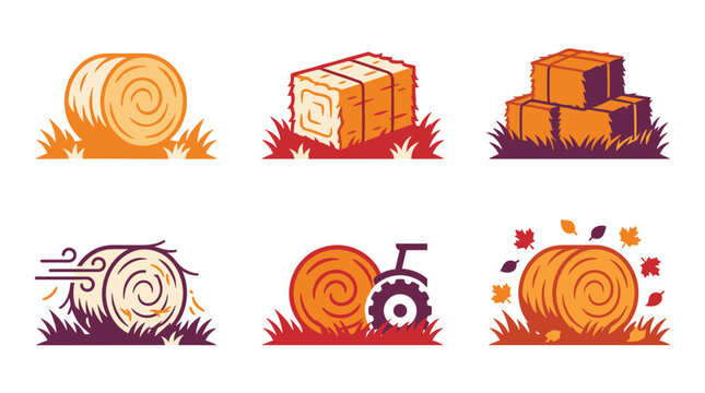 Pixel art collection of hay bales in different shapes and settings, including round bales, square bales, and a tractor, evoking a rustic autumn farm scene