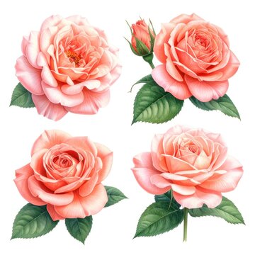 A delicate watercolor illustration showcases four beautiful coral-pink roses and a single bud, each accompanied by lush green leaves against a clean white background.