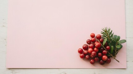 A small cluster of fresh cranberries placed near the bottom right of a large pale pink card background, with most of the frame left empty as negative space for holiday fruit or antioxidant copy.