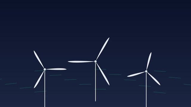 Three white wind turbines glowing against a dark blue night ocean background