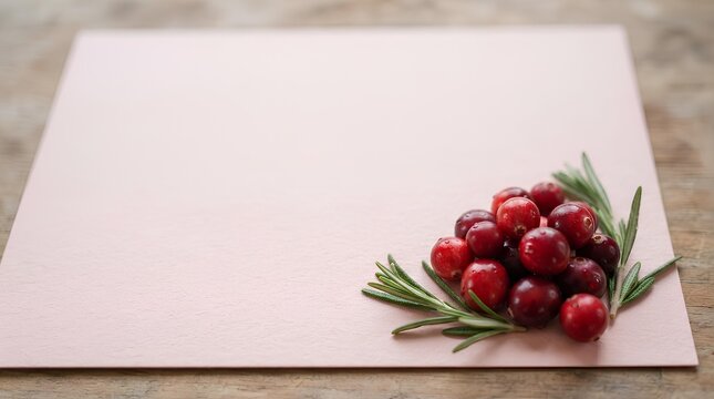 A small cluster of fresh cranberries placed near the bottom right of a large pale pink card background, with most of the frame left empty as negative space for holiday fruit or antioxidant copy.