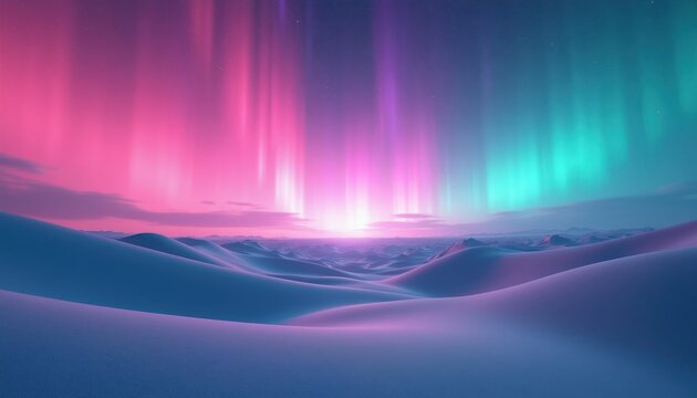 Surreal landscape with aurora borealis over rolling dunes. Pink purple teal sky shines over desert like hills. Abstract background for sci fi or fantasy.